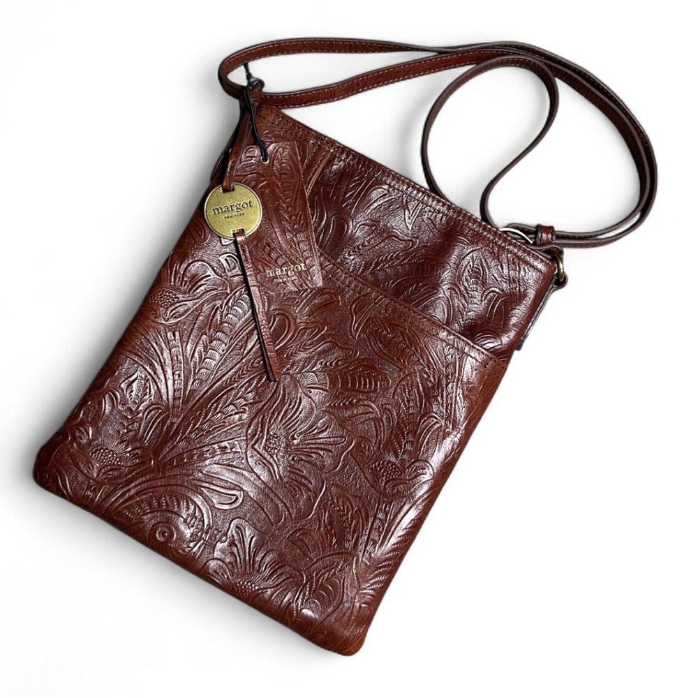 NWOT Margot Textured Floral Leather Split Pocket Crossbody in Brown